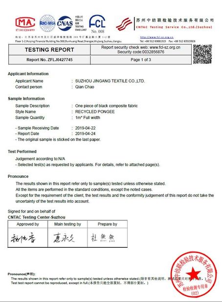 China Suzhou Jingang Textile Co.,Ltd Certificações